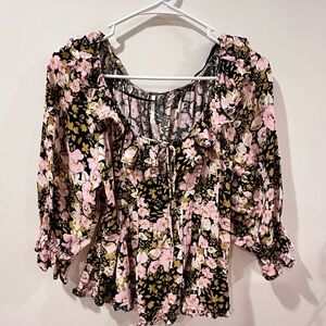 Free People Pink and White Ruffled Peplum Blouse